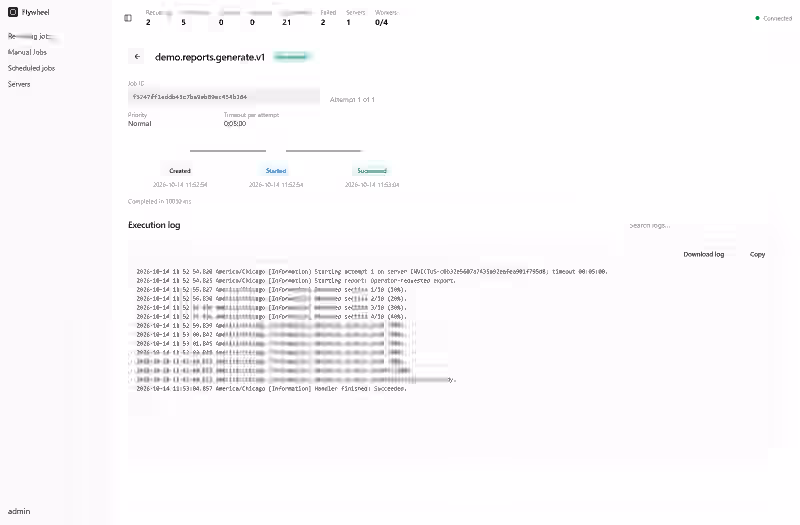 Flywheel job details with attempt information and captured demo report logs