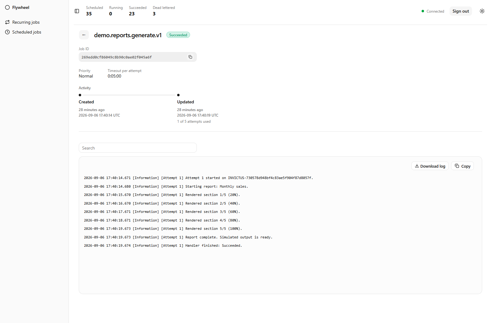 Flywheel job details with attempt information and captured demo report logs