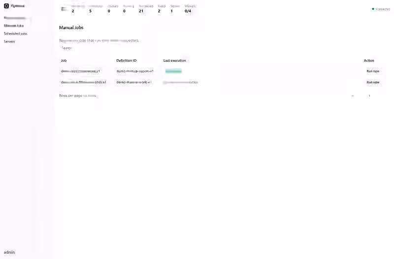 Flywheel Manual Jobs page with reusable demo definitions, latest execution status, and Run now actions